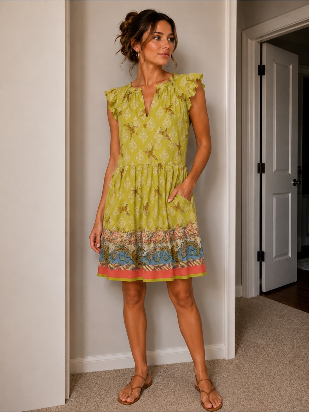 Lime Green Printed Flutter Sleeve Mini Dress